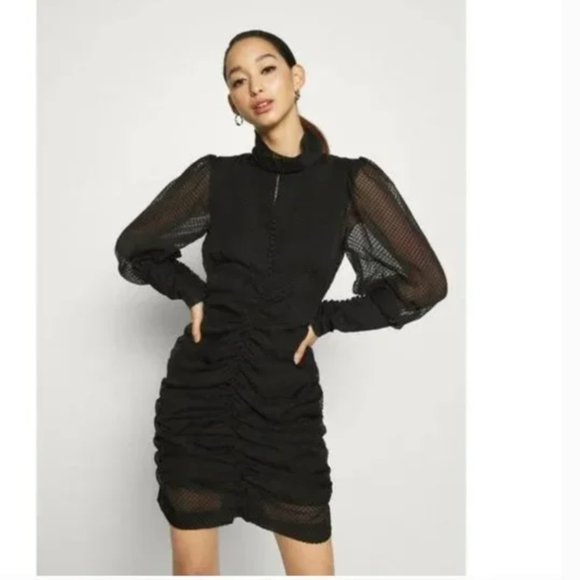 NWT House Of Harlow 1960 black long sleeve ruched high neck dress